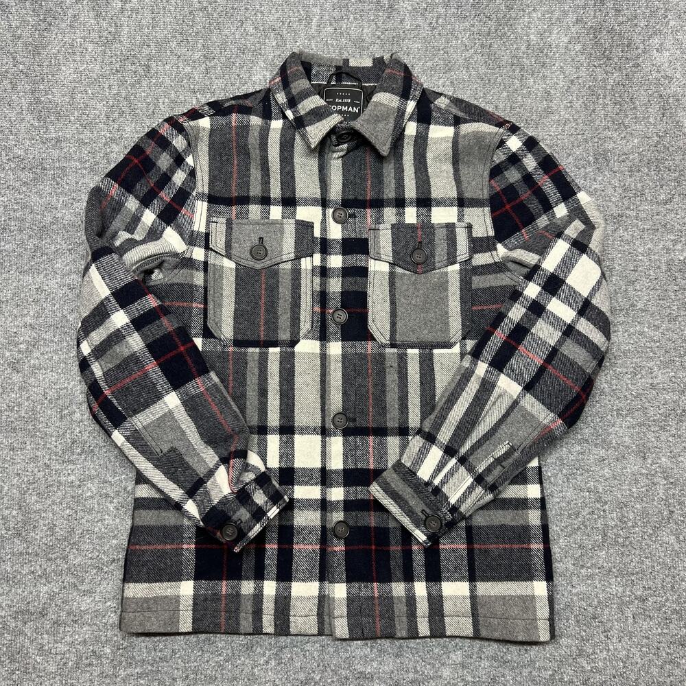 Topman Jacket Mens Medium Gray Plaid Wool Quilted Lined Button Shacket Pockets